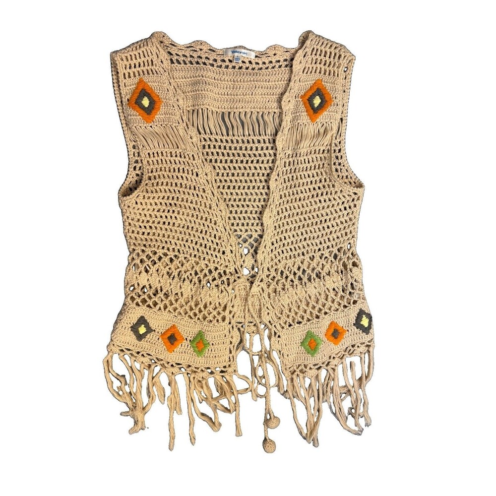 Valleygirl Womens Crochet Vest Size L Beige Fringe Boho Southwest Festival